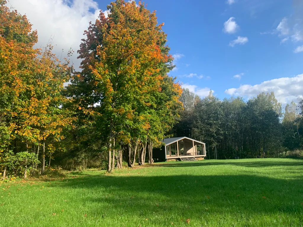 Дом с панорамными окнами в окружении леса