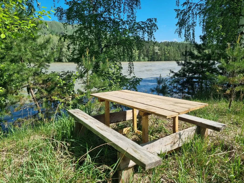 Зелёный дом на берегу Катуни с видом на реку и горы