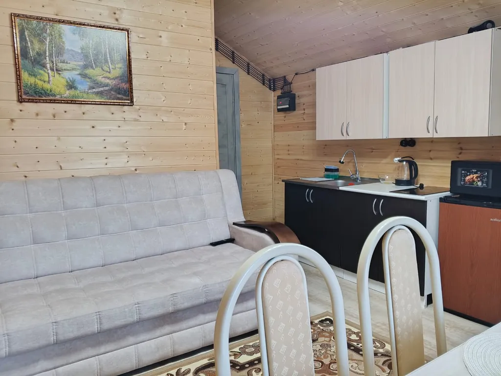 Барнхаус с видом из панорамных окон на красивый пейзаж Домбайских гор