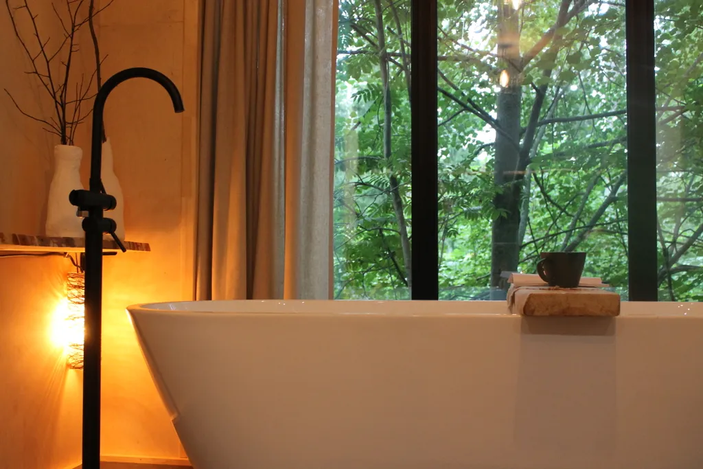 Дом с ванной у панорамных окон и высокой террасой в лесу