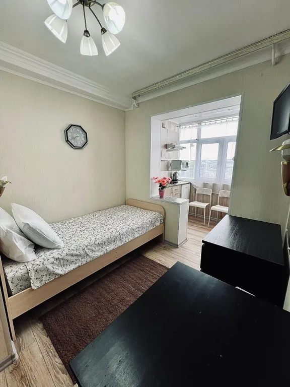 Уютная студия с односпальной кроватью, кухней и видом на город