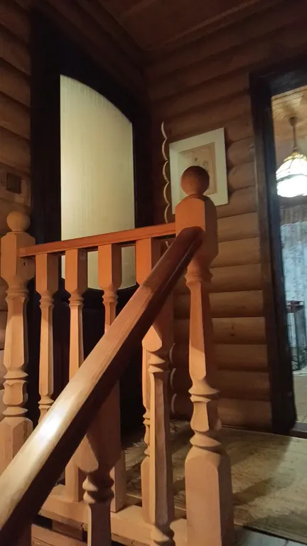 Изба (дом) из экологически чистого бревна под камышовой крышей в лесу