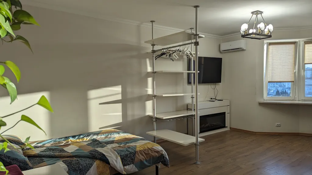 Студия с камином, деревом и видом на реку