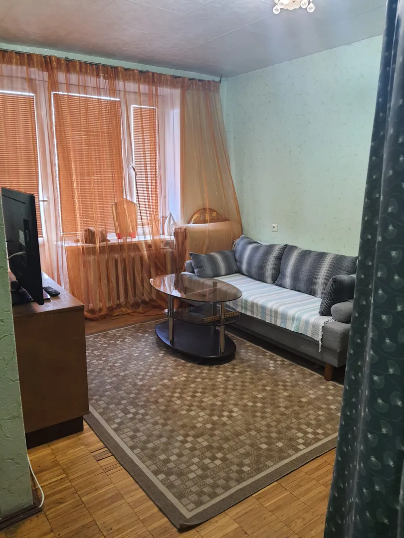 Гостиная с телевизором, диваном-книжка (можно разместиться вдвоем), журнальным столиком. Здесь же выход на балкон с видом на зеленый двор и центр Москвы в перспективе