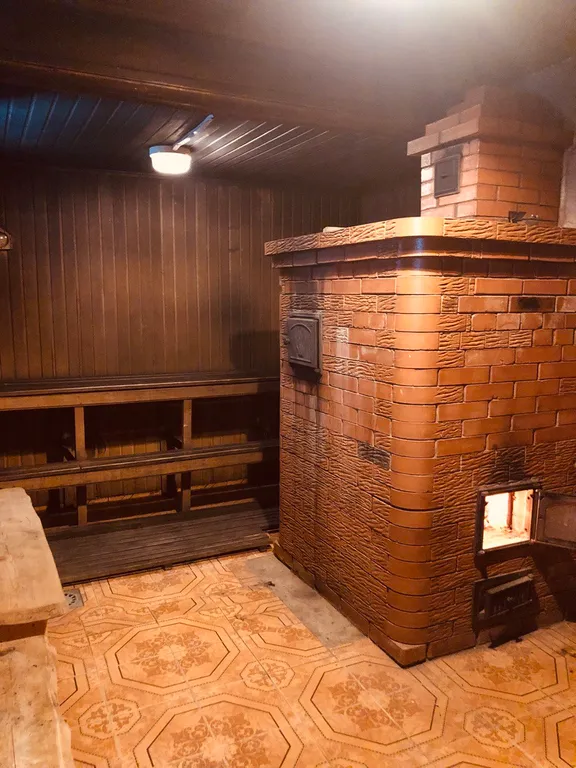 Изба (дом) из экологически чистого бревна под камышовой крышей в лесу