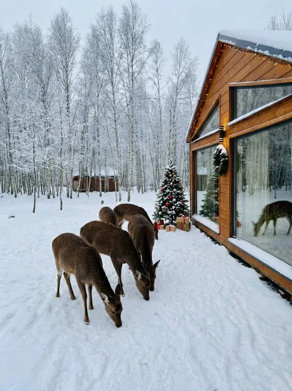 Домик в лесу с пятнистыми оленями и кроликами