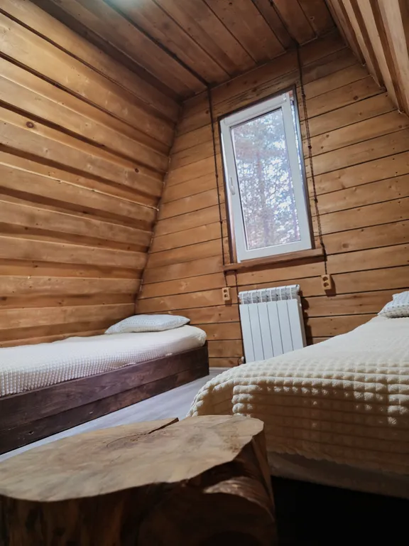 Дом в стиле а-фрейм в сосновом лесу, рядом с горной речкой, экологичес