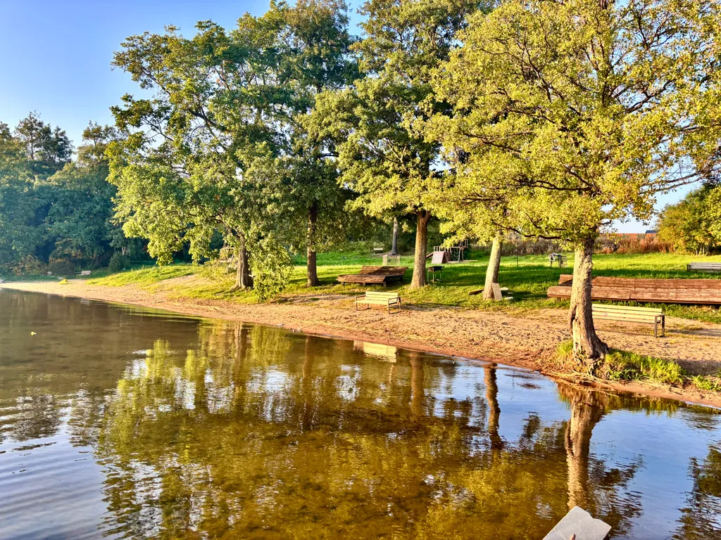 Домик с панорамным окном рядом с озером и видом на лес