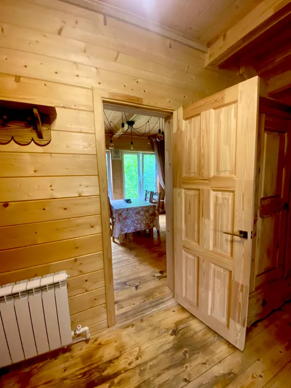 Деревянный дом на берегу реки с беседкой