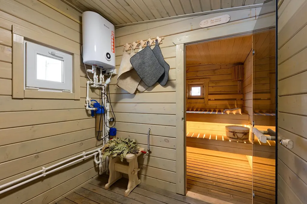 Новый дом в окружении елок с панорамными окнами и баней