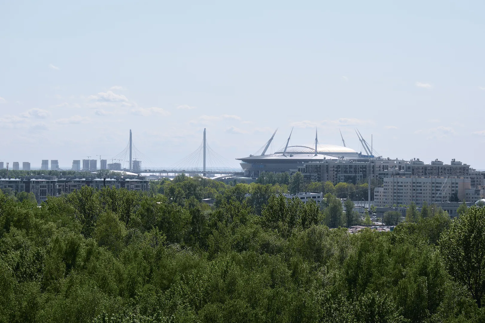 Вид из окна на деревья, Лазаревский мост и Газпром Арену