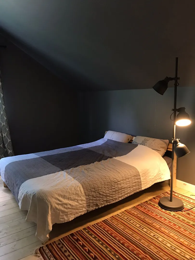 Двуспальная кровать с хорошим матрасом, рядом ковер чтобы уютно вставать по утрам 