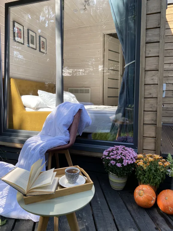 Скандинавский дом с ванной внутри и видом на лес