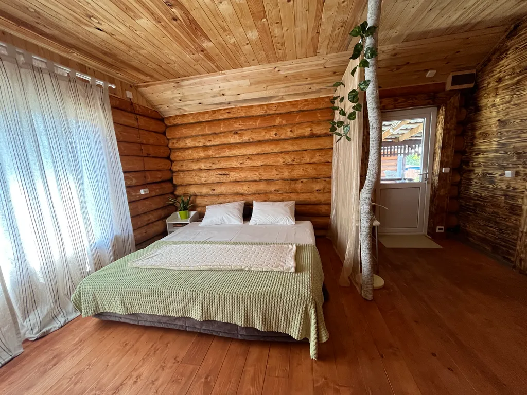 Деревянный дом для со всеми удобствами бассейн у крыльца, зелёный лес