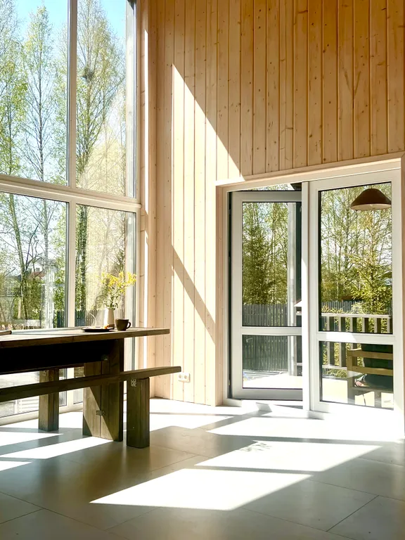 Уютный стильный новый дом с баней в окружении берёзовой рощи