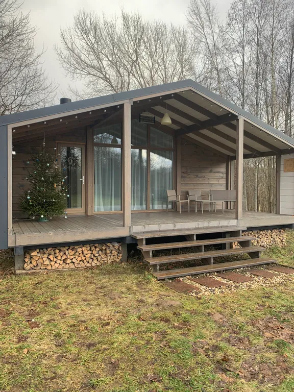 Дом с панорамными окнами в окружении леса