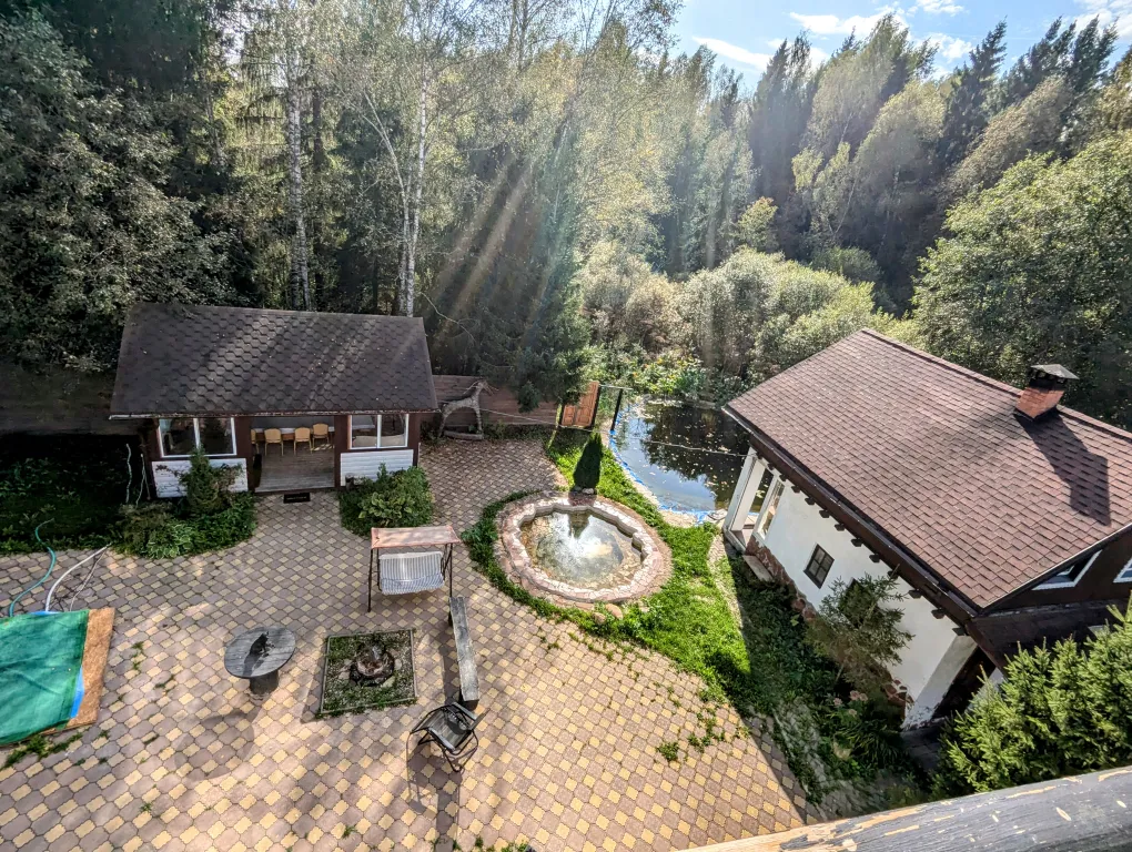 Большой красивый дом с камином в лесу