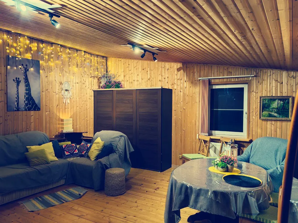 Дом с финской сауной внутри дома с большой беседкой и барбекю