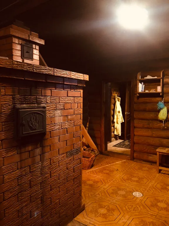 Изба (дом) из экологически чистого бревна под камышовой крышей в лесу