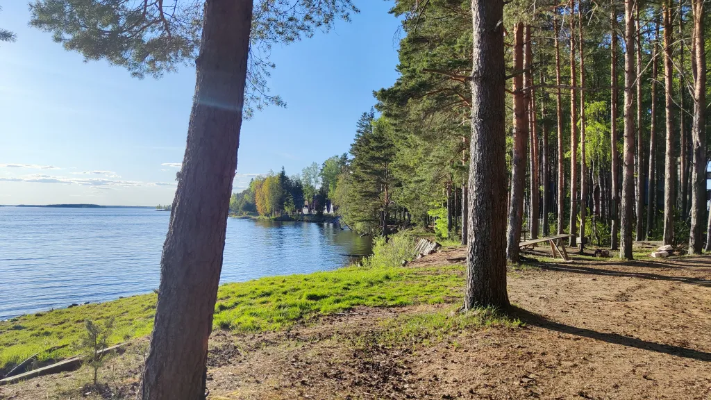 Коттедж Уютный коттедж с камином, баней и детской площадкой с батутом у озера — Завирье