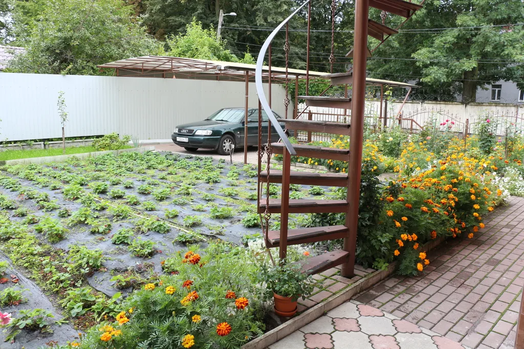 Дом в саду с баней и бассейном летом