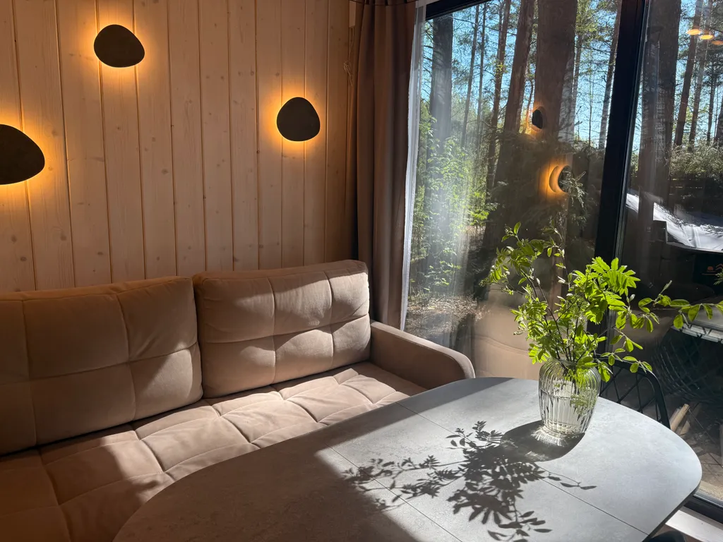 Панорамный домик в сосновом лесу на берегу Горьковского моря