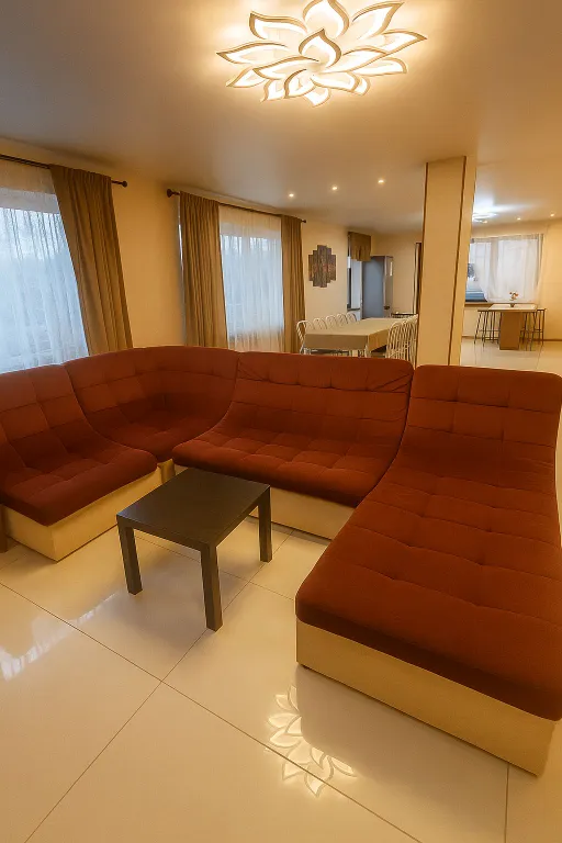 Дом на берегу пруда с камином, чаном и баней для большой компании