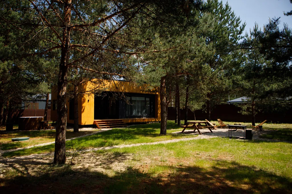 Дом с сауной и горячим чаном на участке с соснами