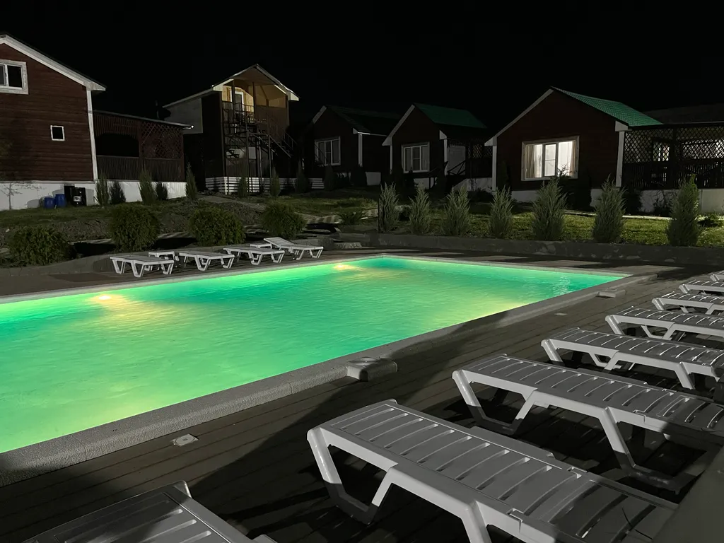 Деревянный дом для со всеми удобствами бассейн у крыльца, зелёный лес