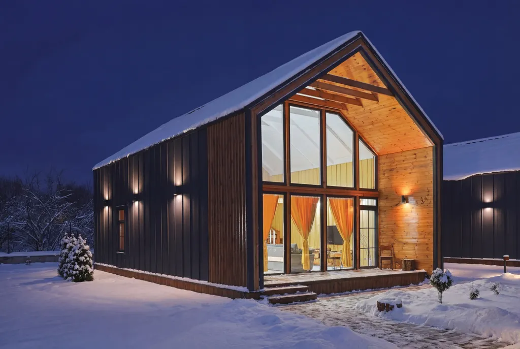 Современный двухэтажный дом из натурального дерева, с большими окнами