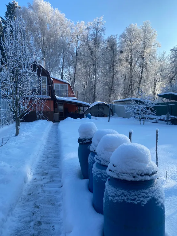 Дом в саду с баней и бассейном летом