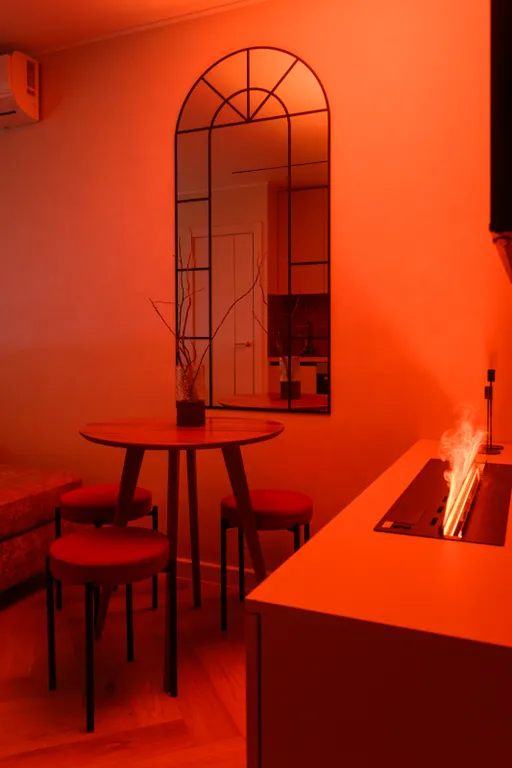 Bишневый aтлac — яркая квартира с биокамином