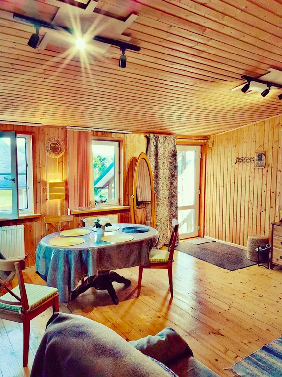 Дом с финской сауной внутри дома с большой беседкой и барбекю