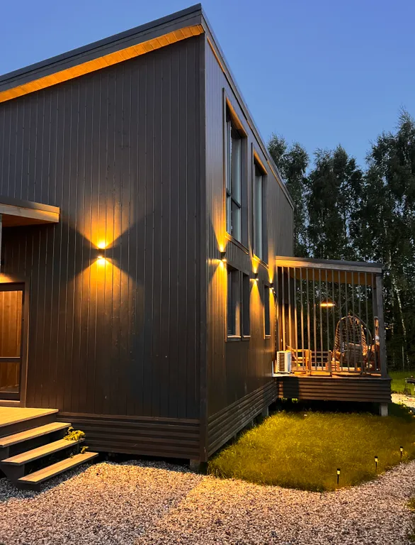 Уютный стильный новый дом с баней в окружении берёзовой рощи