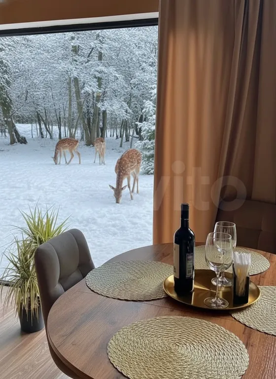 Дом с пятнистыми оленями и кроликами в лесу