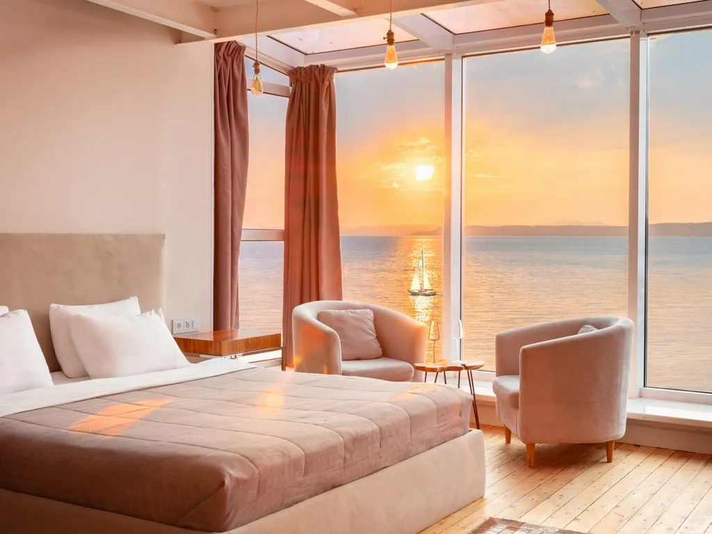 Квартира с джакузи, камином и панорамным видом на море