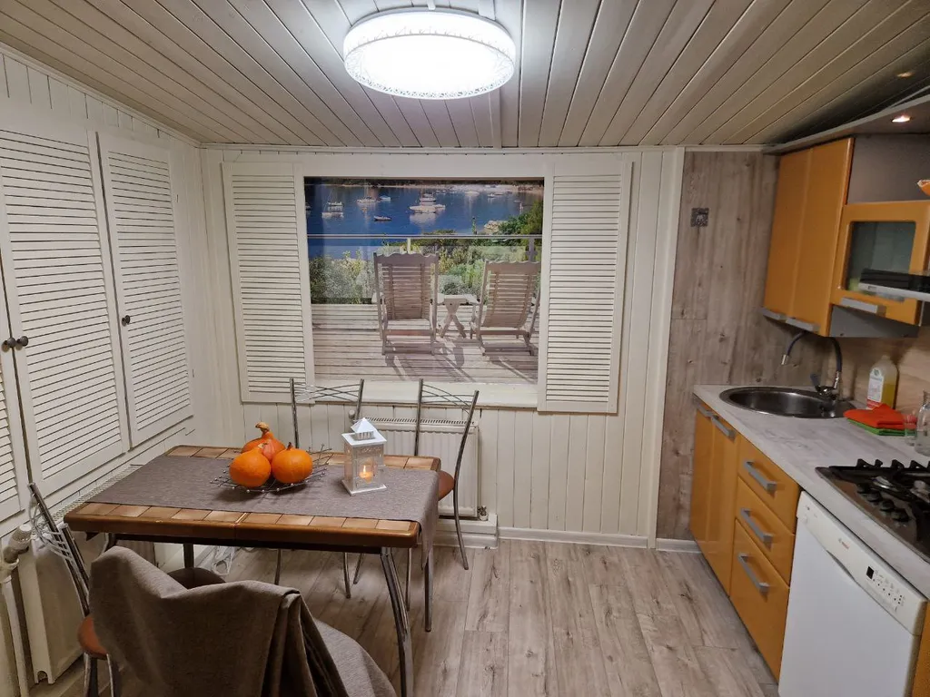 Дом с финской сауной внутри дома с большой беседкой и барбекю