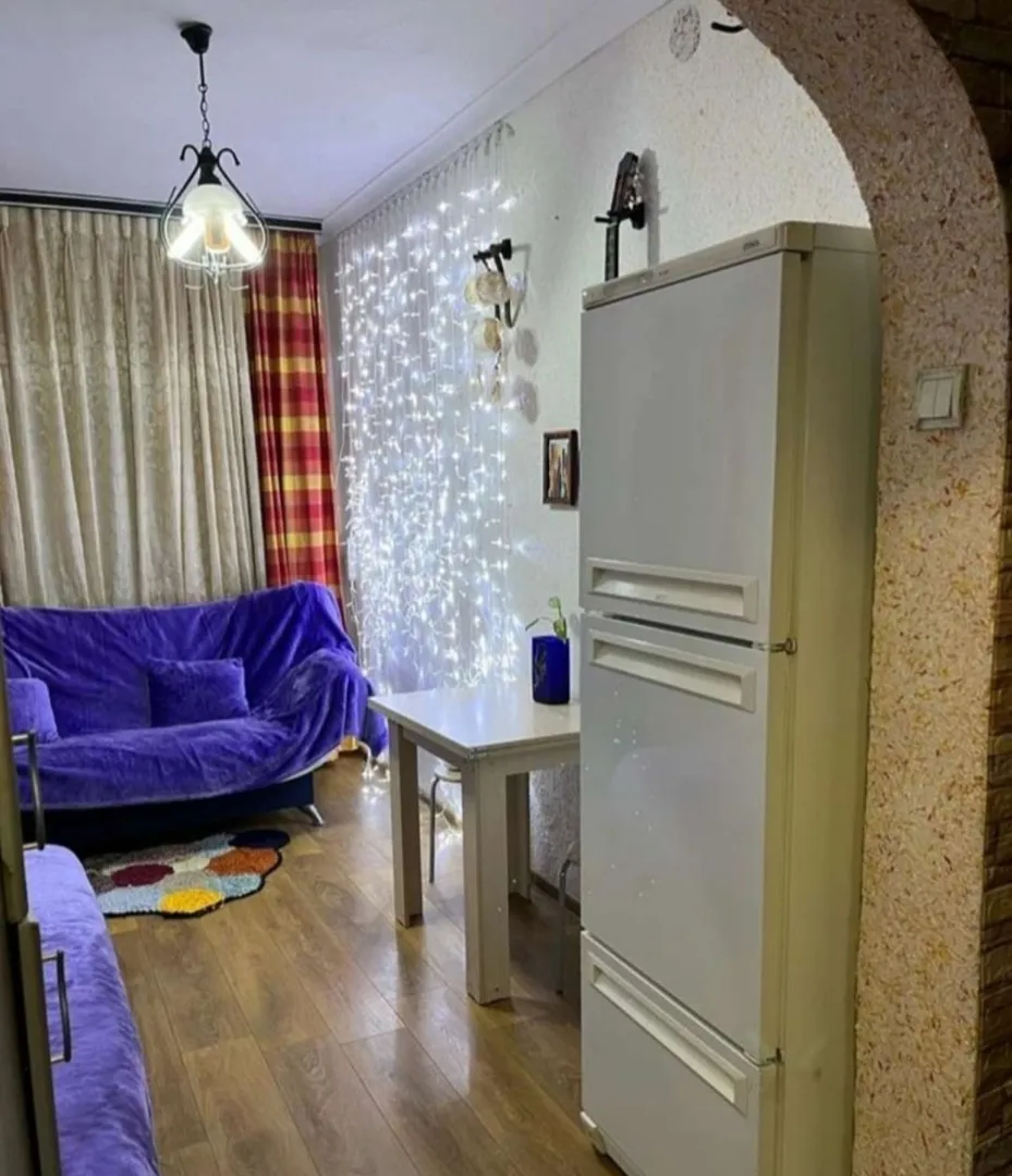 Вид комнаты с двумя диванами, столом,холодильником и аркой