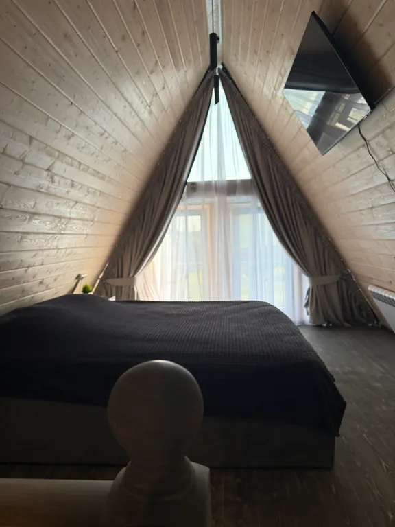 Большой треугольный домик с камином, с ванной у окна с видом на лес