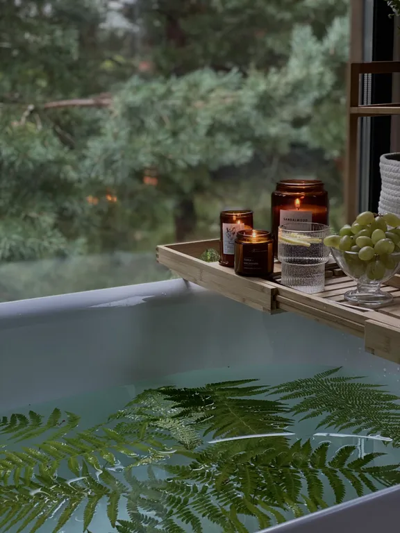 Скандинавский дом с ванной внутри и видом на лес